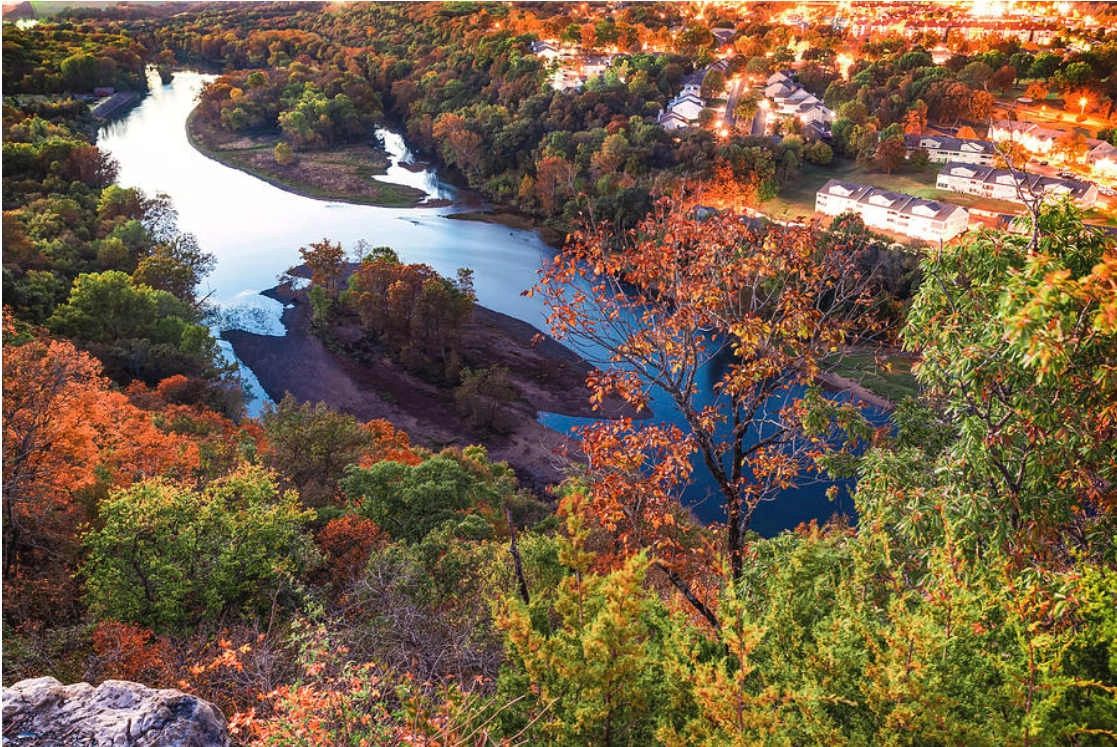 Aerial view of Table Rock Lake and autumn forest