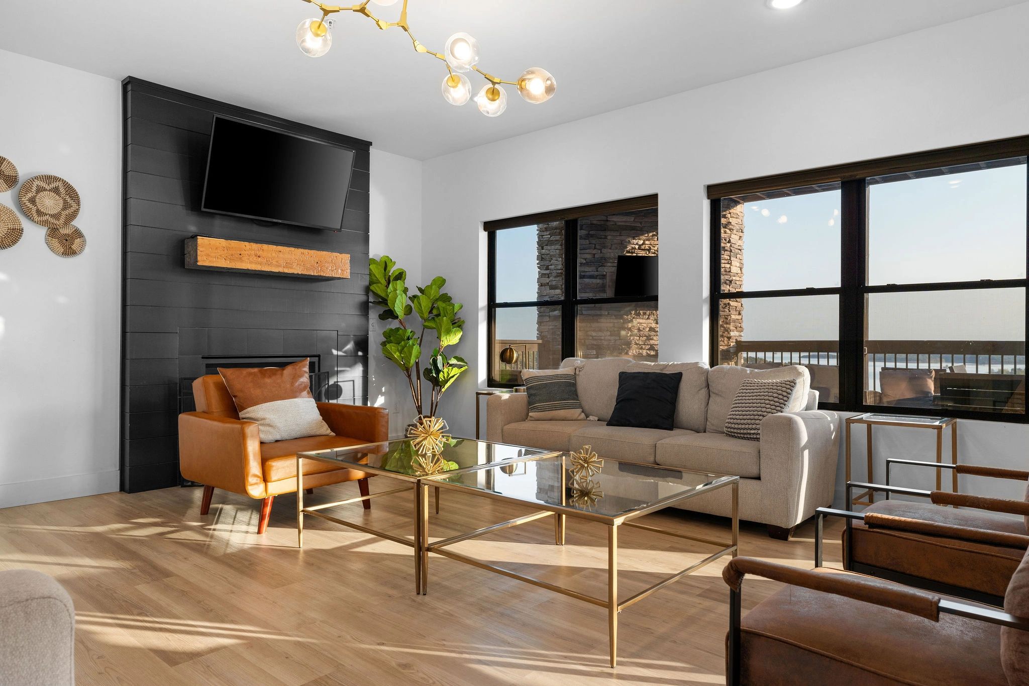 Modern home interior with stone fireplace